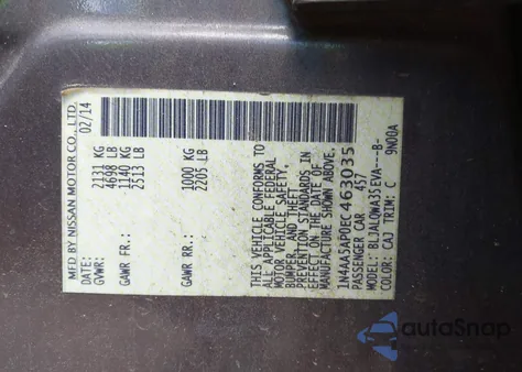 2014 Nissan Maxima 3.5 S/3.5 Sv z USA, uszkodzony, nr VIN 1N4AA5AP0EC463035